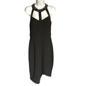 Women's Beaded Halter Asymmetrical Hem Evening Dress Black Size 6 Women